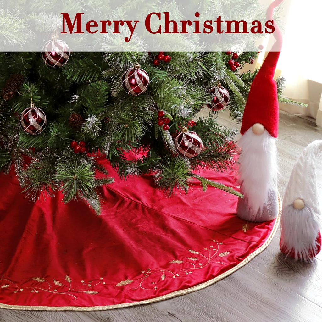 Red Velvet Embroidered Christmas Tree Skirt 48in