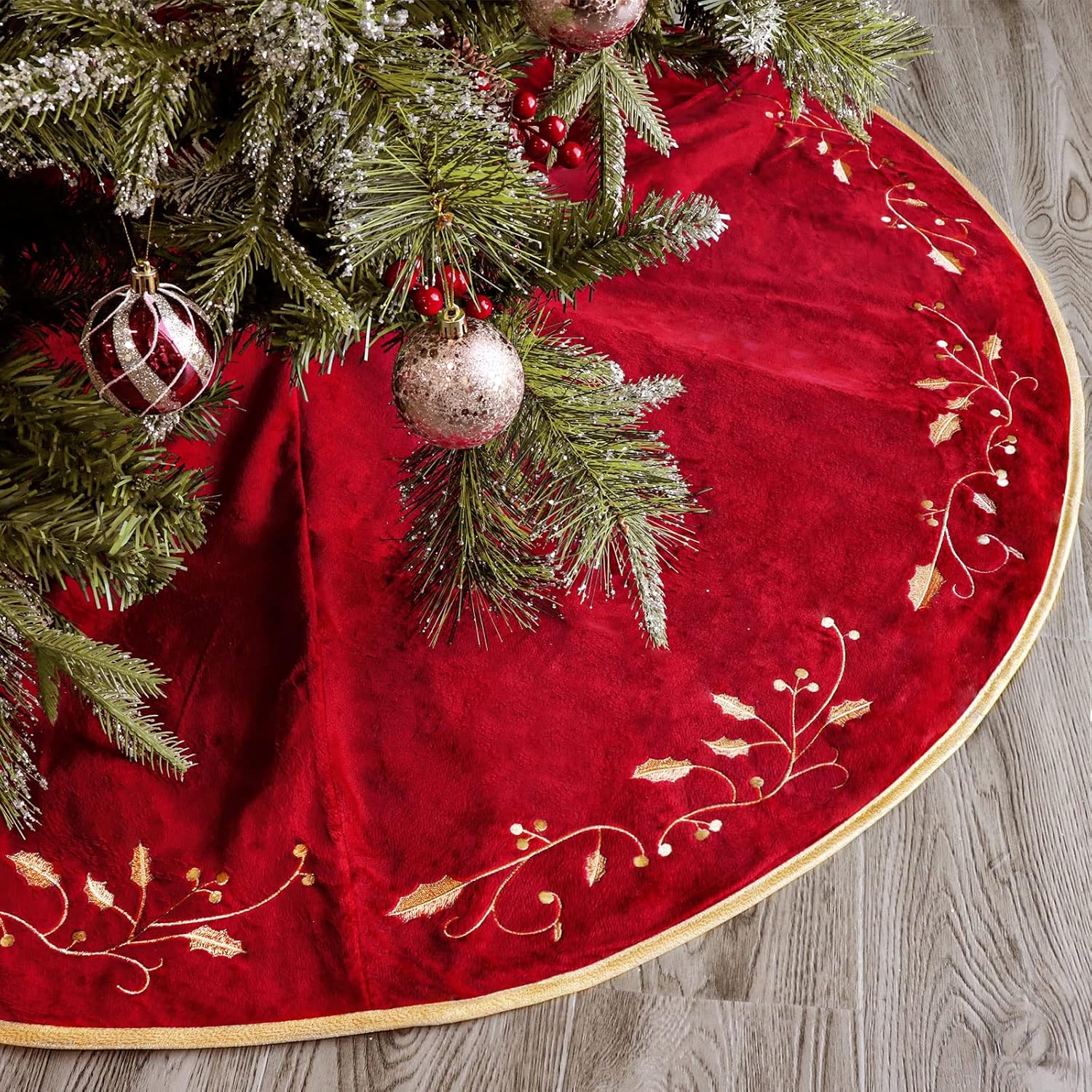 Red Velvet Embroidered Christmas Tree Skirt 48in